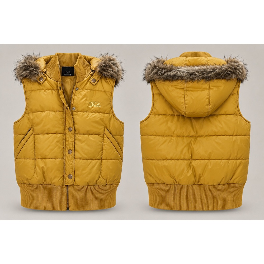 FUBU Women L Gold Puffer Vest Faux Fur Hood Quilted Y2K Streetwear Hip Hop 2000s